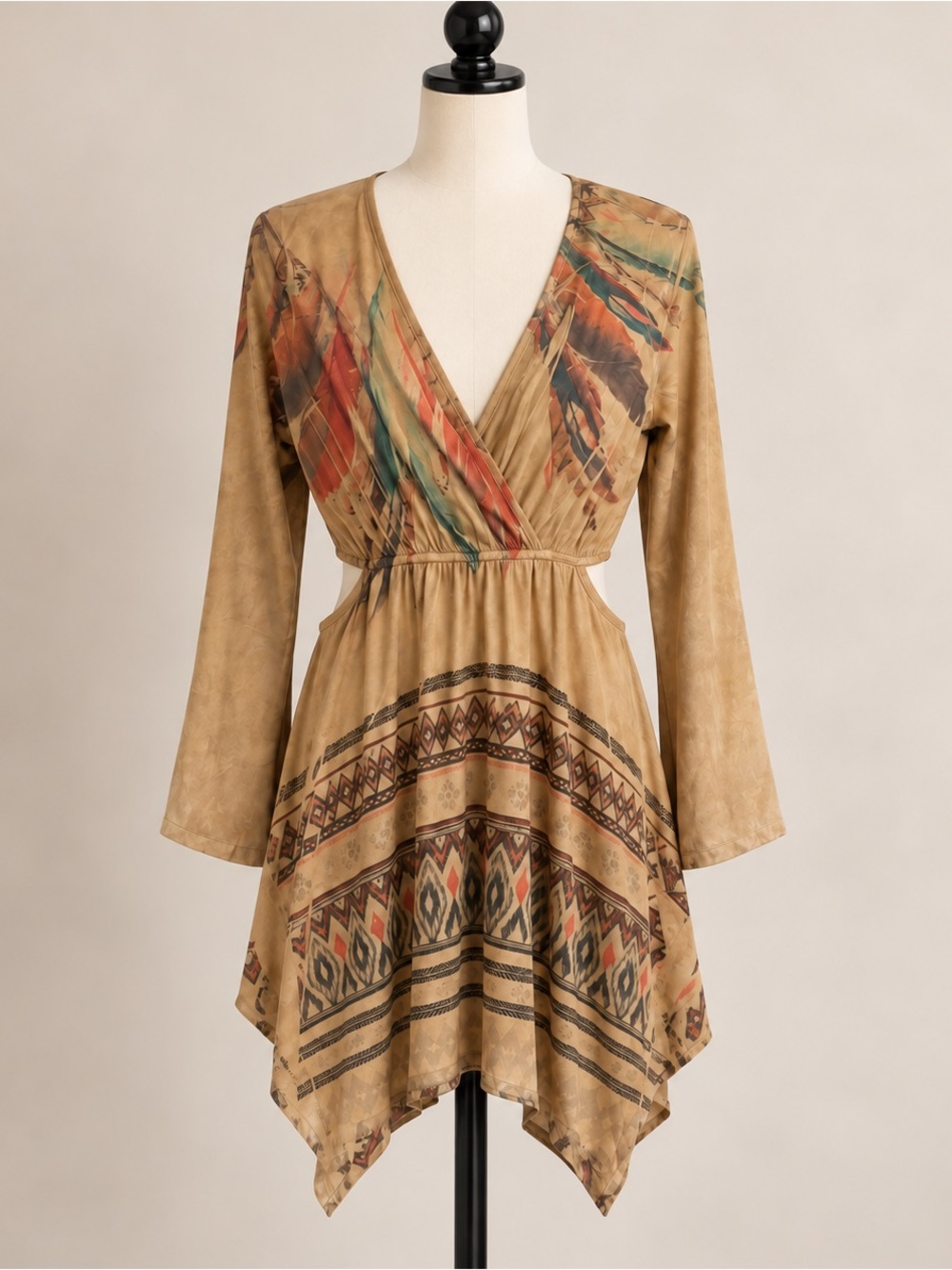 Boho Feather Print Handkerchief Hem Dress Small